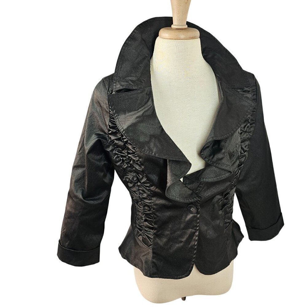 Lucy Paris Ruffled Stretch Light Jacket Size L Single Button Black Whimsigoth